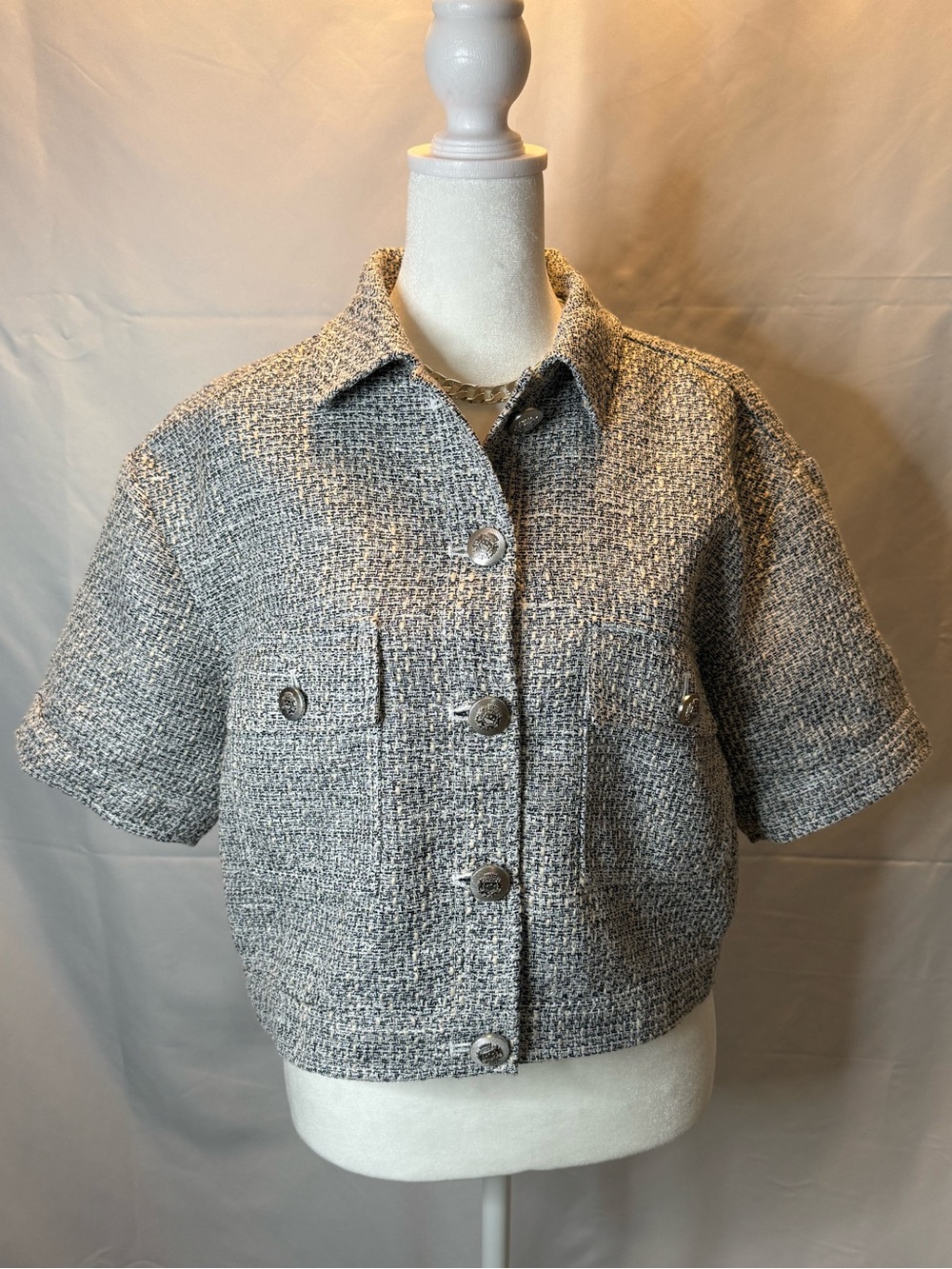 LOFT Gray Short-Sleeve Tweed Button Jacket